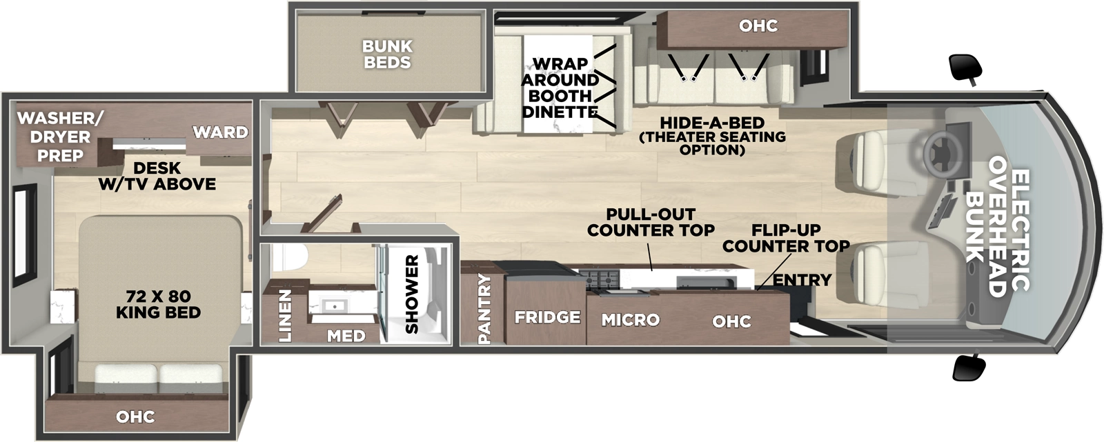 The FR3 35DS floorplan has one entry and two slide outs. Exterior features include: 20' awning. Interiors features include: bunk beds, rear bedroom, bunk over cab and dinette.